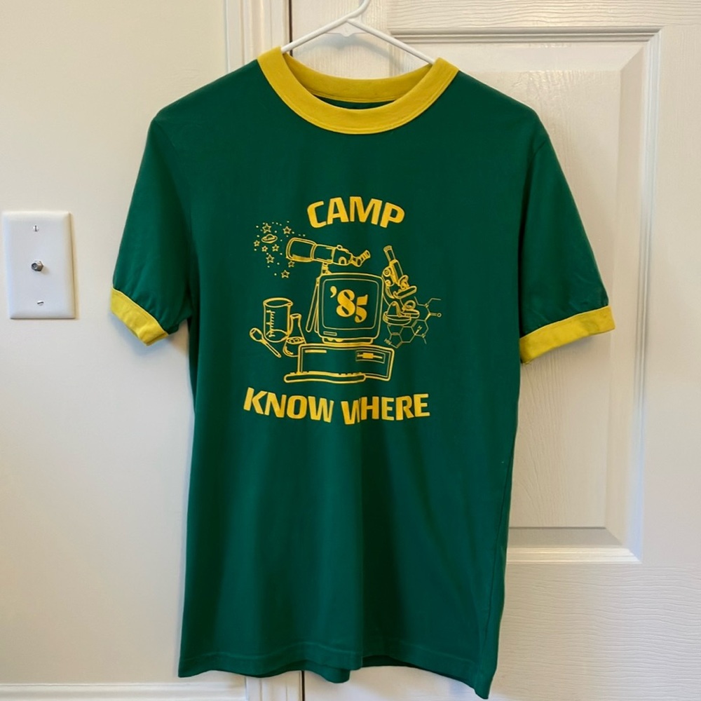 Stranger Things Camp Knowhere. Green/yellow. Ringer tee. Size medium.